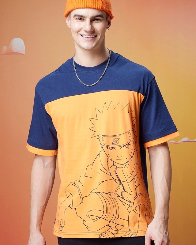 Shop Men's Blue & Orange Ninja Way Graphic Printed Oversized T-shirt-Front