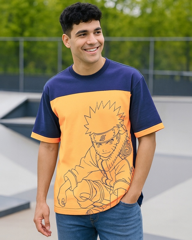 Shop Men's Blue & Orange Ninja Way Graphic Printed Oversized T-shirt-Front