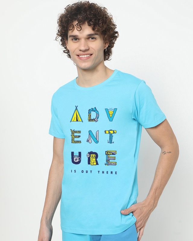Shop Men's Blue Outdoor Adventure Typography T-shirt-Front