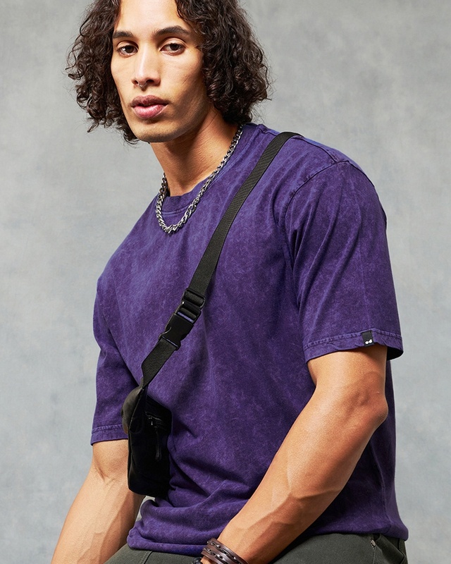 Shop Men's Skipper Blue Oversized Acid Wash T-shirt-Front