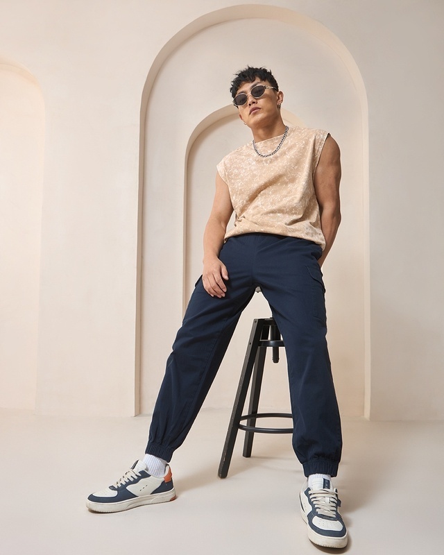 Shop Men's Blue Oversized Cargo Jogger Pants-Front