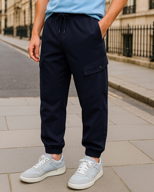 Shop Men's Blue Oversized Cargo Joggers-Front