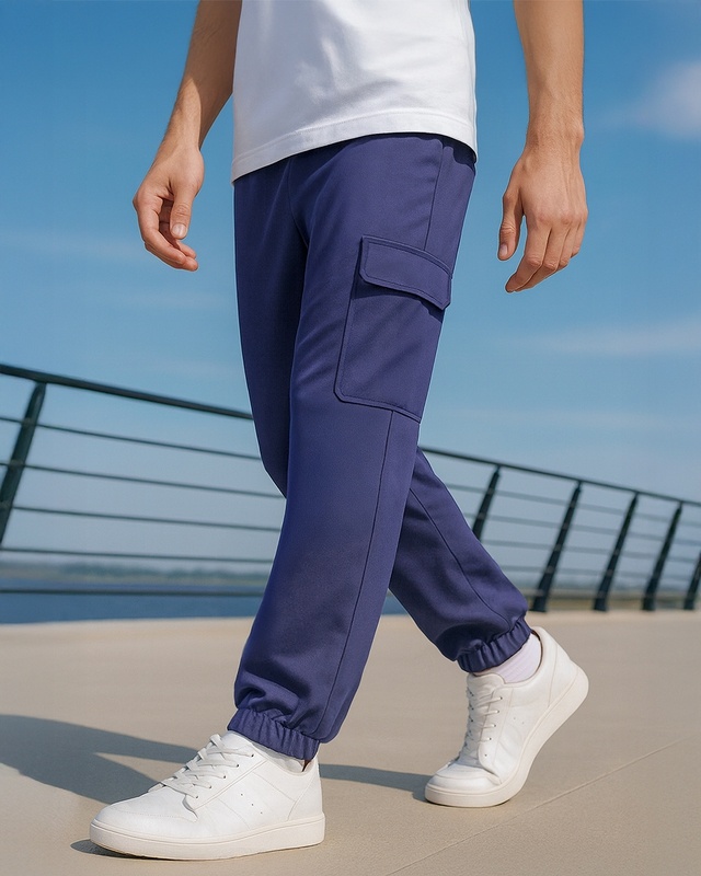 Shop Men's Blue Oversized Cargo Joggers-Front