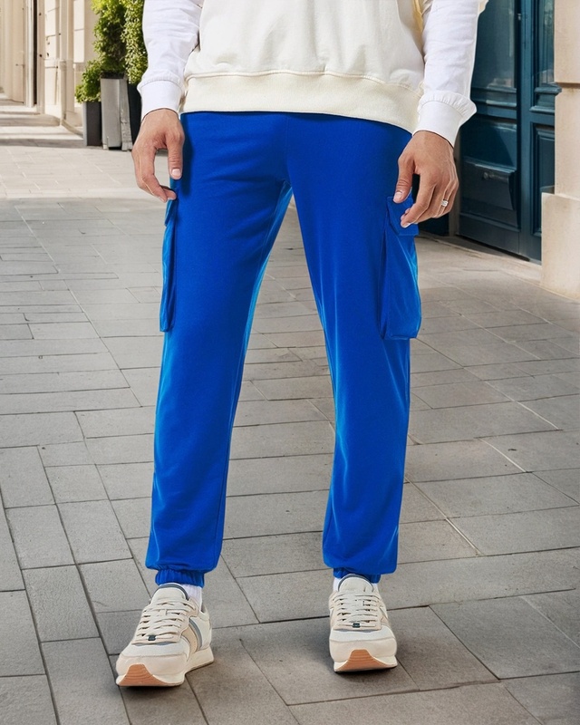 Shop Men's Blue Oversized Cargo Joggers-Front