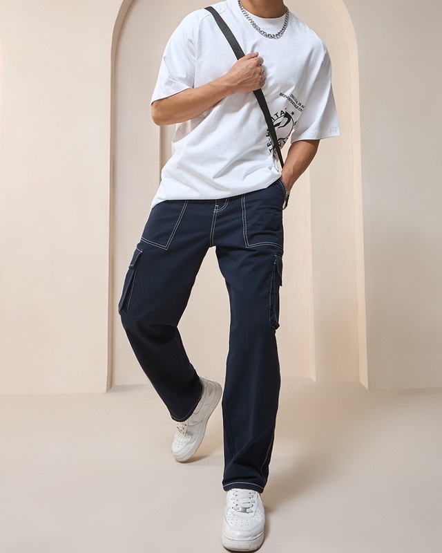 Shop Men's Blue Oversized Cargo Pants-Front