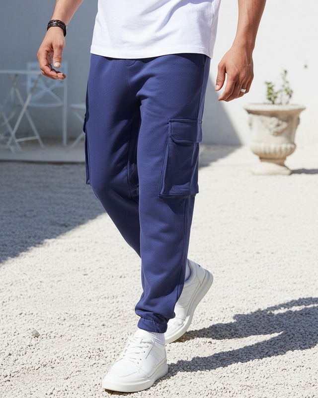 Shop Men's Blue Oversized Cargo Warm Joggers-Front