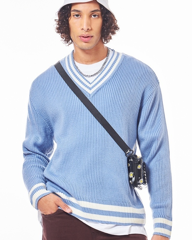 Shop Men's Blue Oversized Flat Knit Sweater-Front