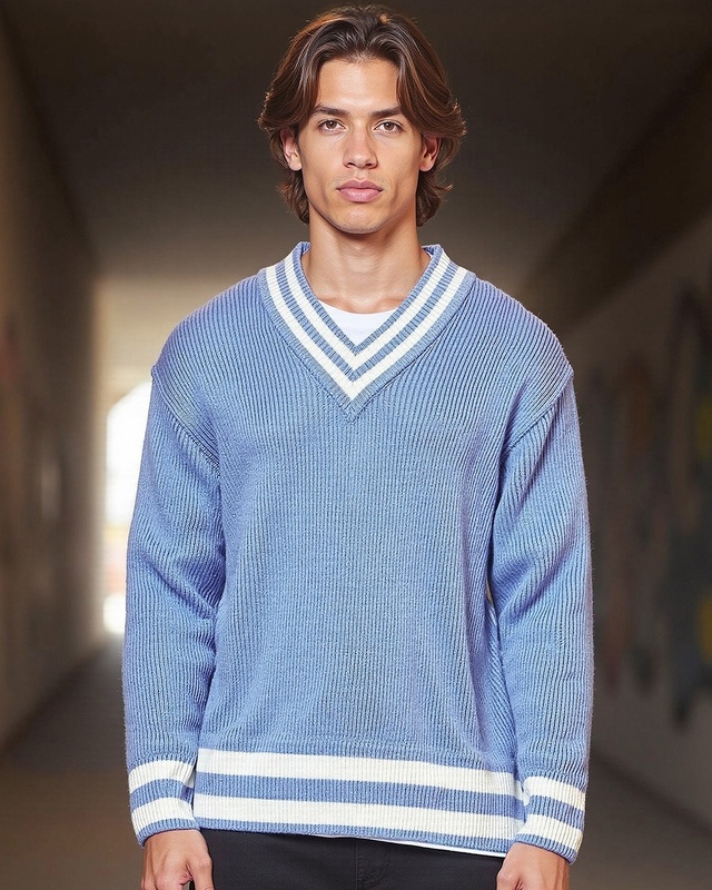 Shop Men's Blue Oversized Flat Knit Sweater-Front