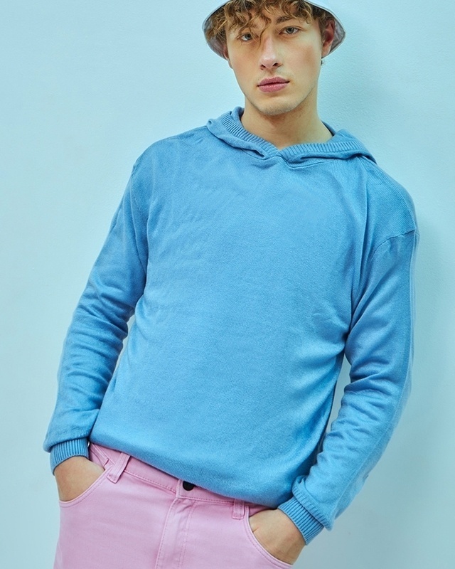 Shop Men's Blue Oversized Hooded Flatknit Sweater-Front