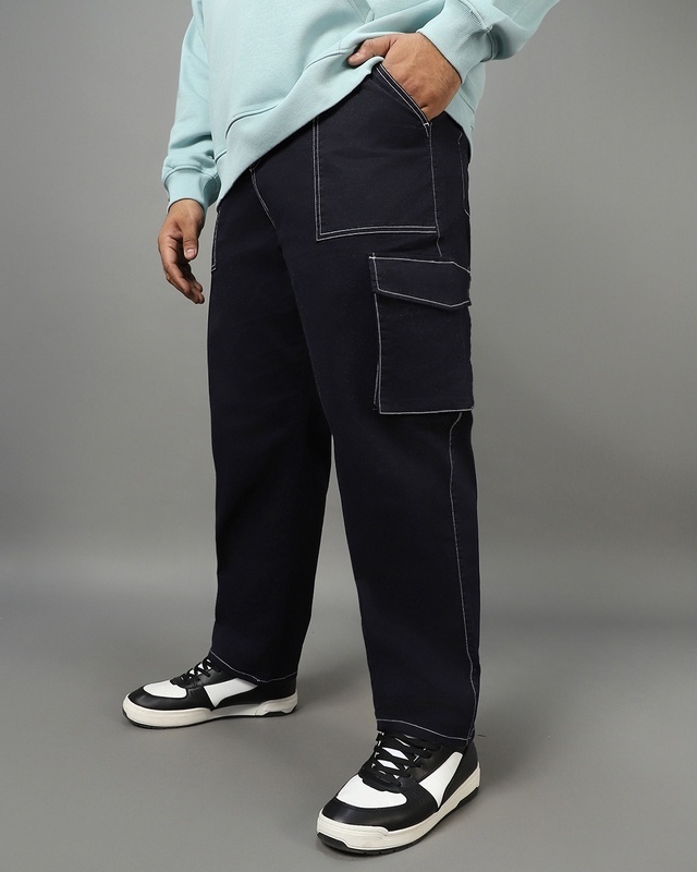 Shop Men's Blue Oversized Plus Size Cargo Pants-Front