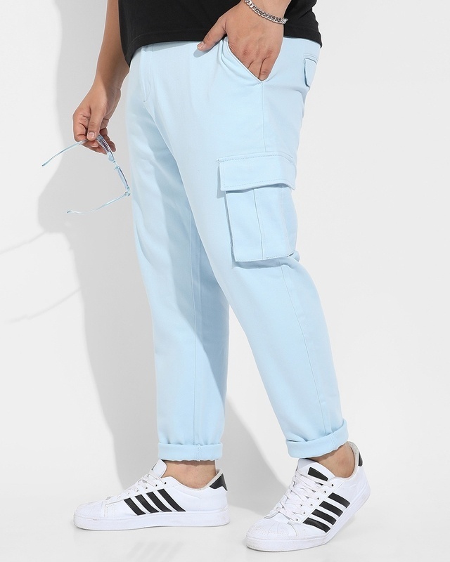 Shop Men's Blue Oversized Plus Size Cargo Trousers-Front