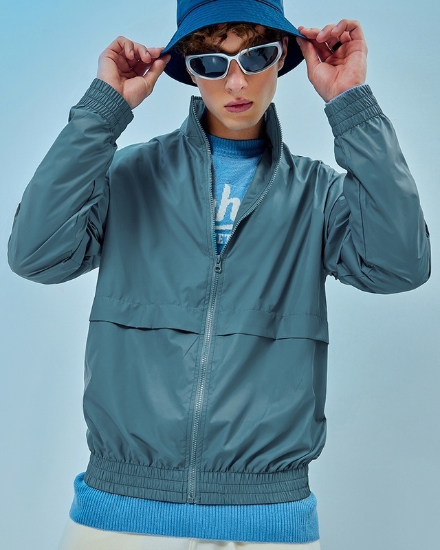 Shop Men's Blue Oversized Windcheater Jacket-Front