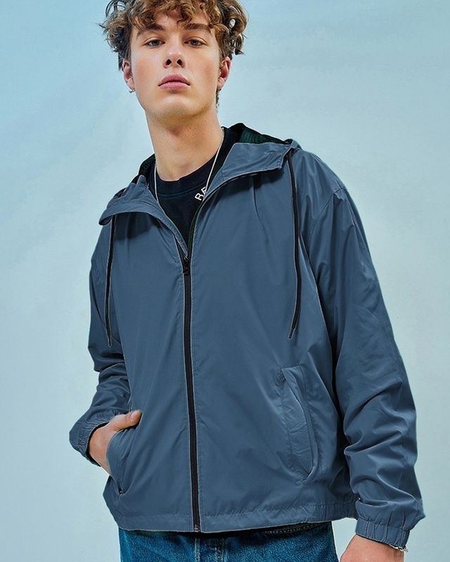 Shop Men's Blue Oversized Windcheater Jacket-Front