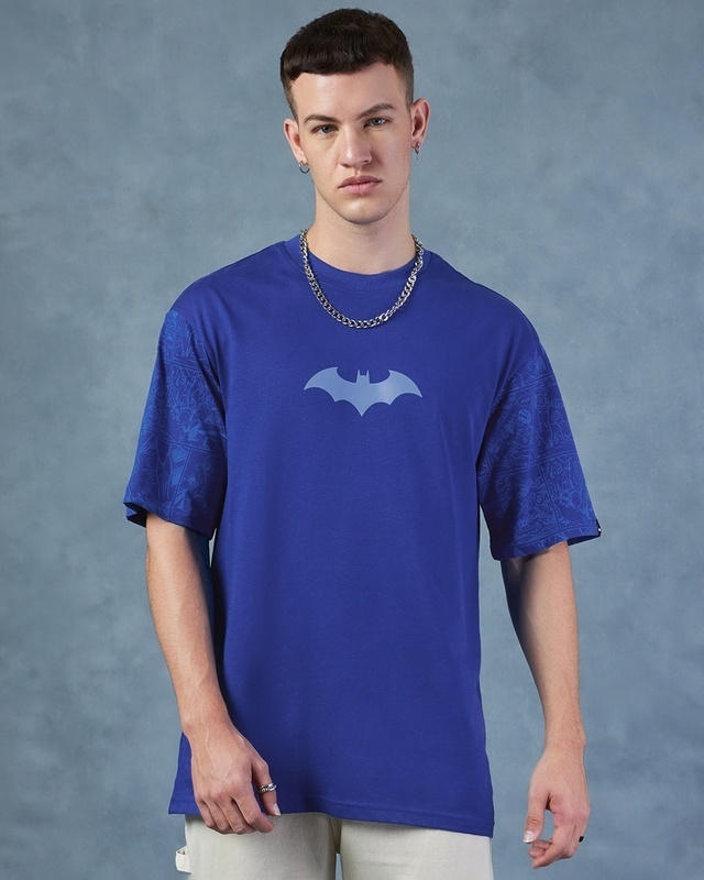 Shop Men's Blue Batman Logo Graphic Printed Oversized T-shirt-Front