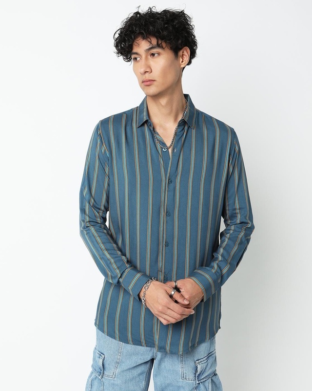 Shop Men's Blue Pencil Striped Shirt-Front