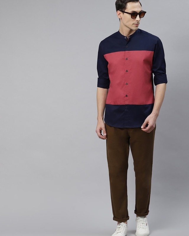 Shop Men's Blue & Pink Color Block Shirt-Front