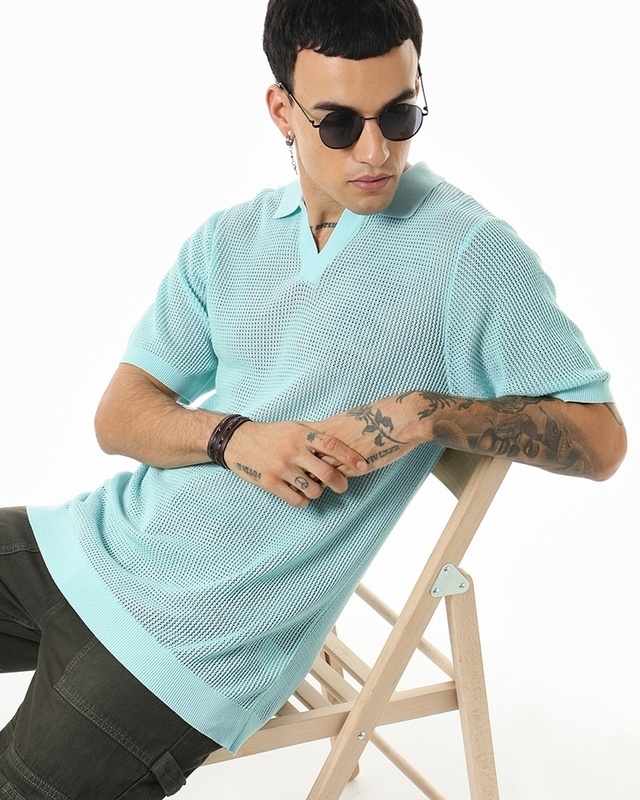Shop Men's Blue Textured Flatknit Polo T-shirt-Front