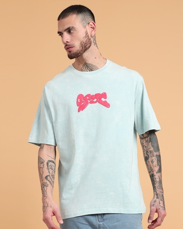 Shop Men's Blue Puff Printed Oversized Acid Wash T-shirt-Front