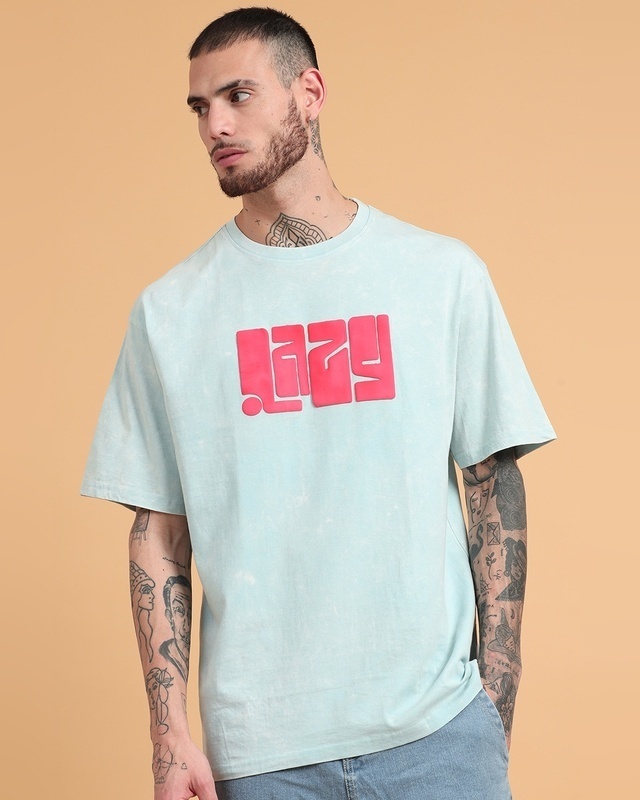 Shop Men's Blue Puff Printed Oversized Acid Wash T-shirt-Front