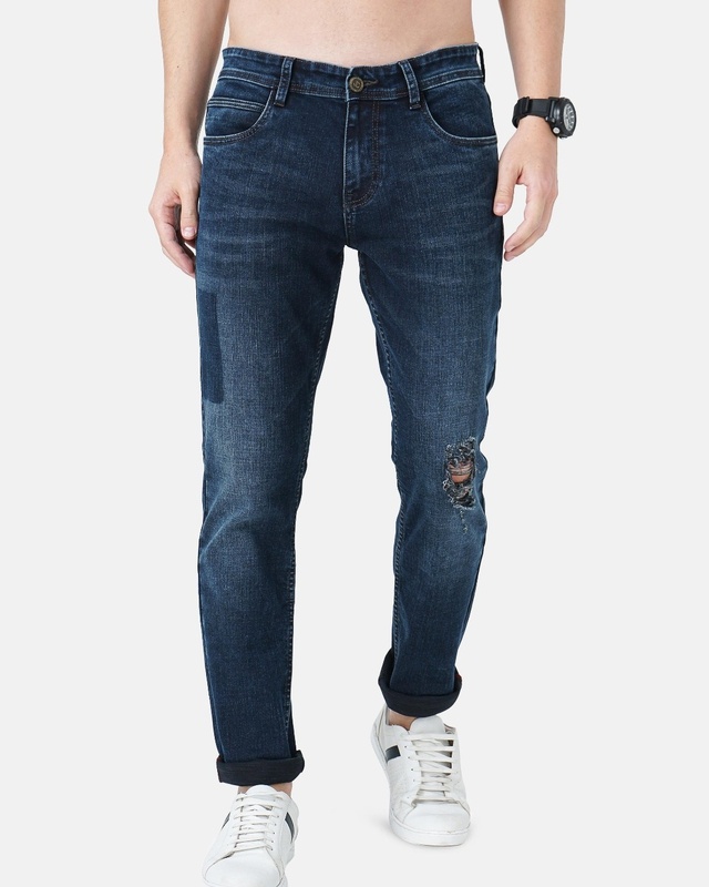 Shop Men's Blue Ripped Slim Fit Jeans-Front