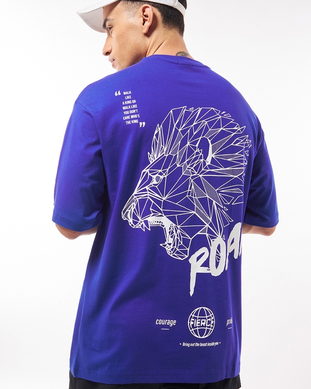 Shop Men's Blue Roaring Beast Graphic Printed Oversized T-shirt-Front