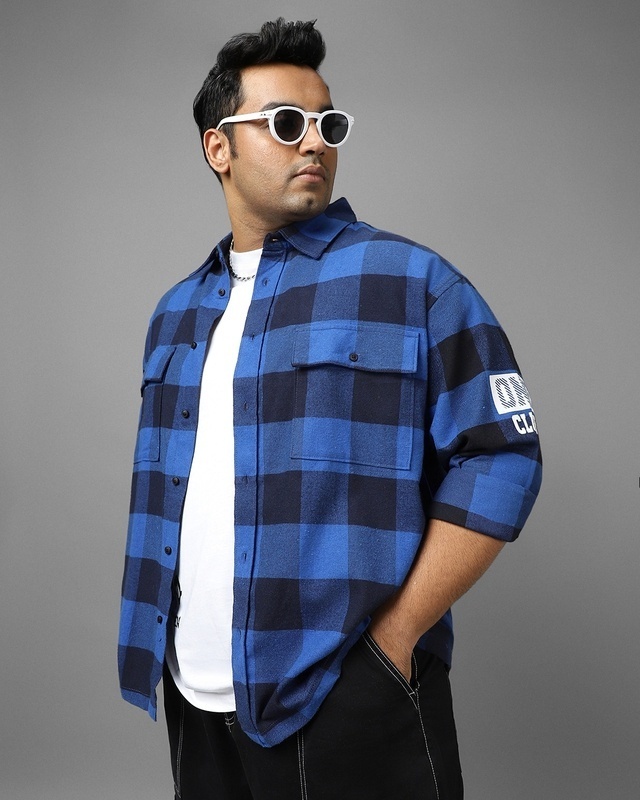 Shop Men's Blue Checked Oversized Plus Size Shirt-Front