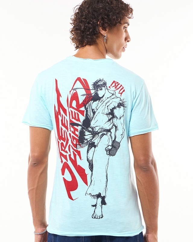 Shop Men's Blue Ryu Street Fighter Graphic Printed T-shirt-Front