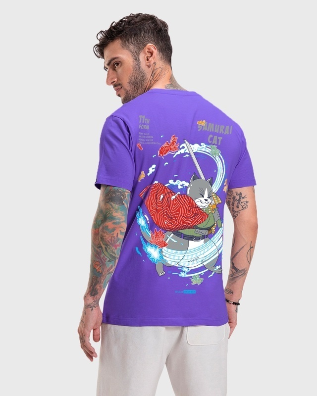 Shop Men's Blue Samurai Cat Graphic Printed T-shirt-Front