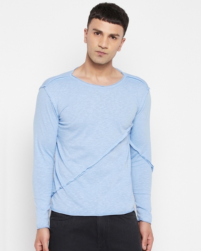 Shop Men's Blue Self Design Slim Fit T-shirt-Front
