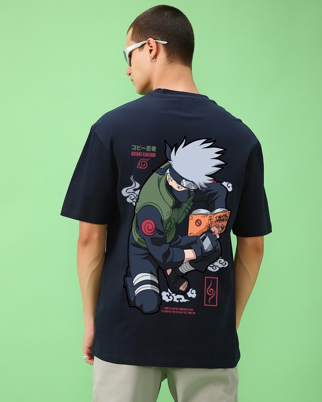 Shop Men's Blue Sharingan Kakashi Graphic Printed Oversized T-shirt-Front