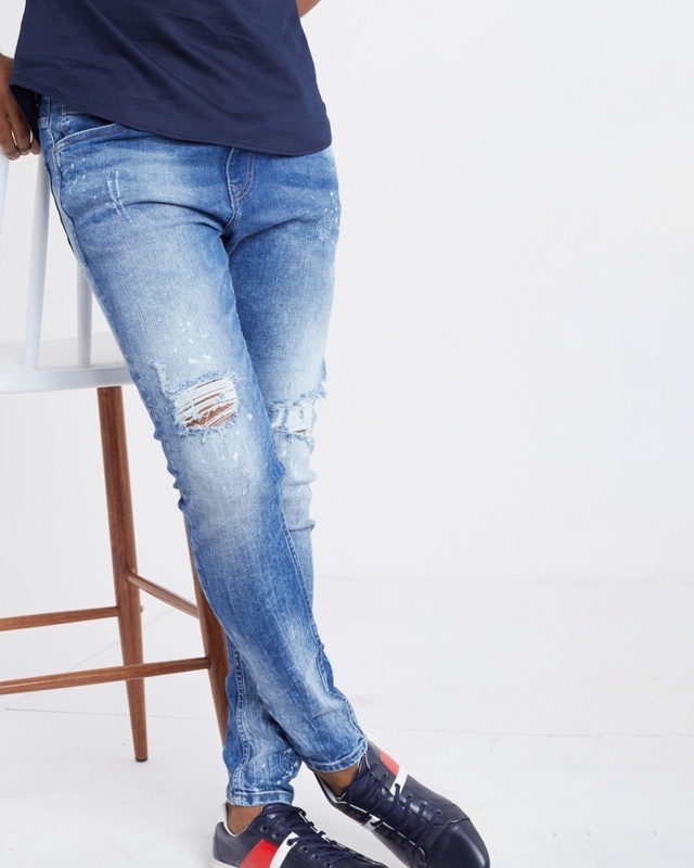 Shop Men's Blue Skinny Fit Distressed Jeans-Front