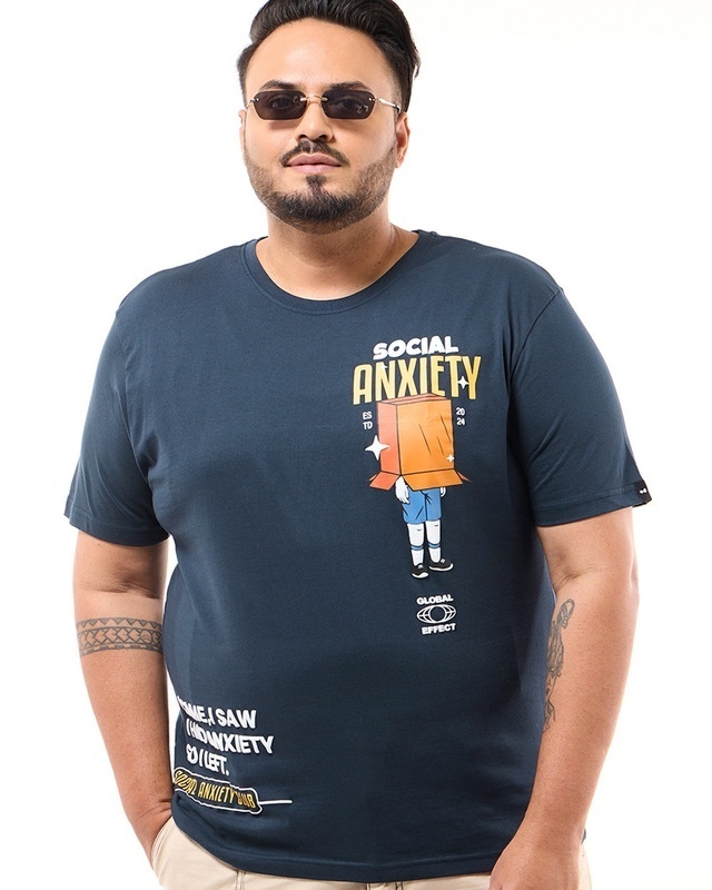 Shop Men's Blue Social Anxiety Graphic Printed Plus Size T-shirt-Front