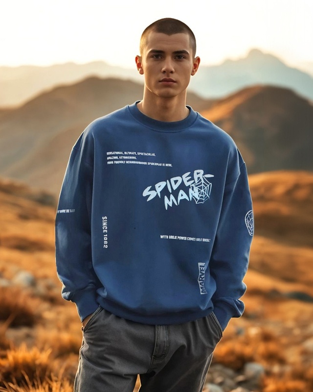 Shop Men's Blue Spiderman Graphic Printed Oversized Sweatshirt-Front