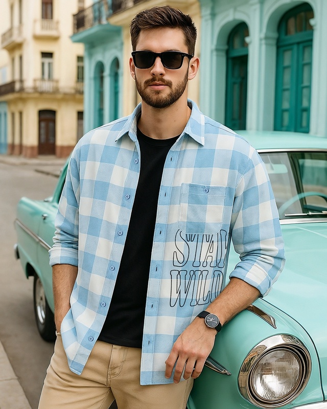 Shop Men's Blue Stay Wild Checked Oversized Shirt-Front