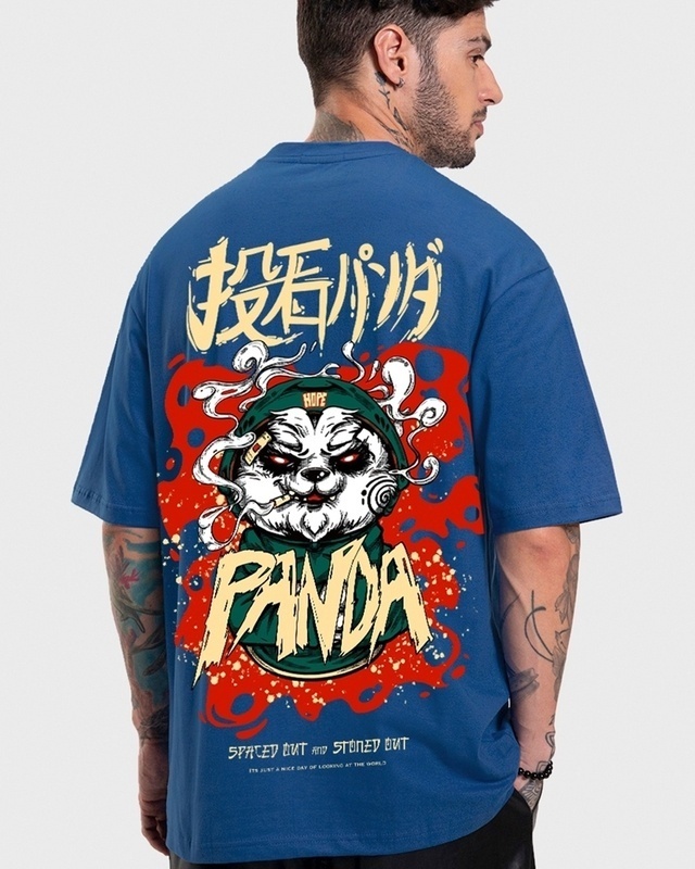 Shop Men's Blue Stoned Panda Graphic Printed Oversized T-shirt-Front