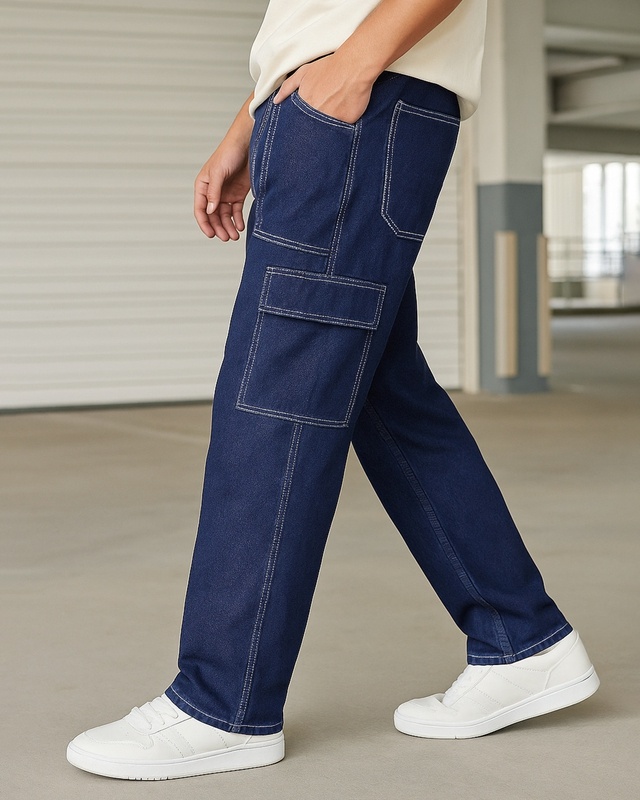 Shop Men's Blue Straight Fit Cargo Mid-Rise Jeans-Front