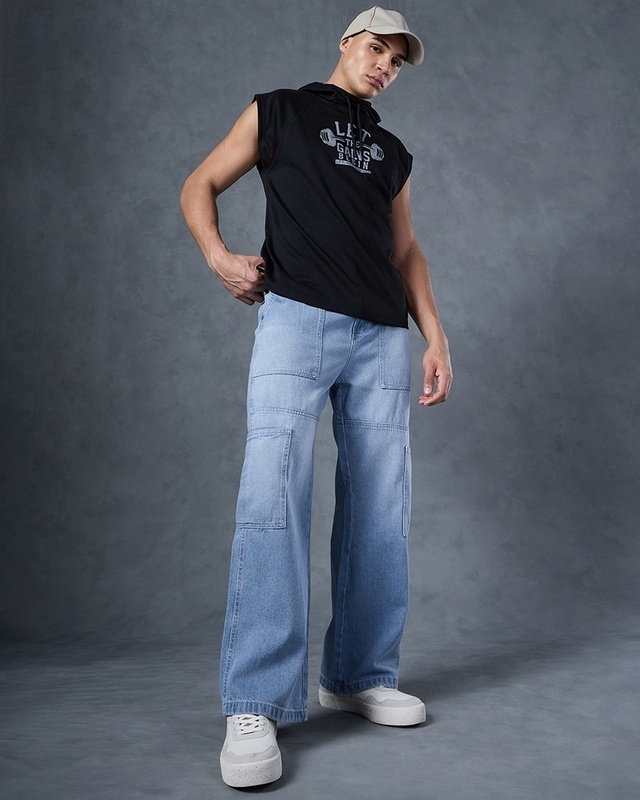 Shop Men's Blue Straight Fit Cargo Carpenter Jeans-Front