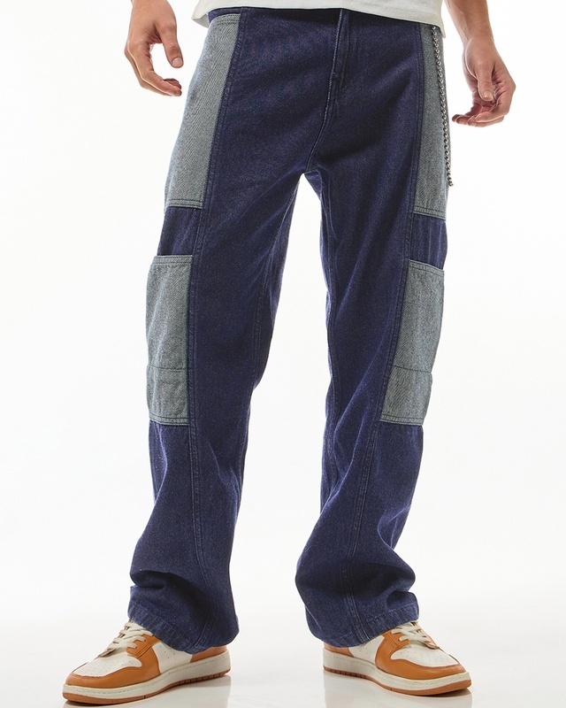 Shop Men's Blue & Grey Color Block Straight Fit Jeans-Front