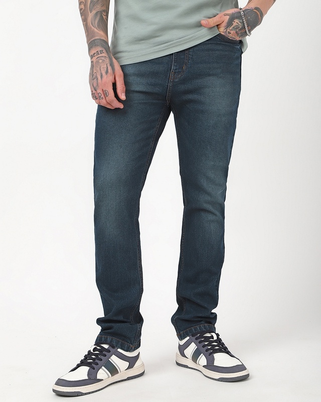 Shop Men's Blue Washed Slim Straight Fit Stretchable Jeans-Front