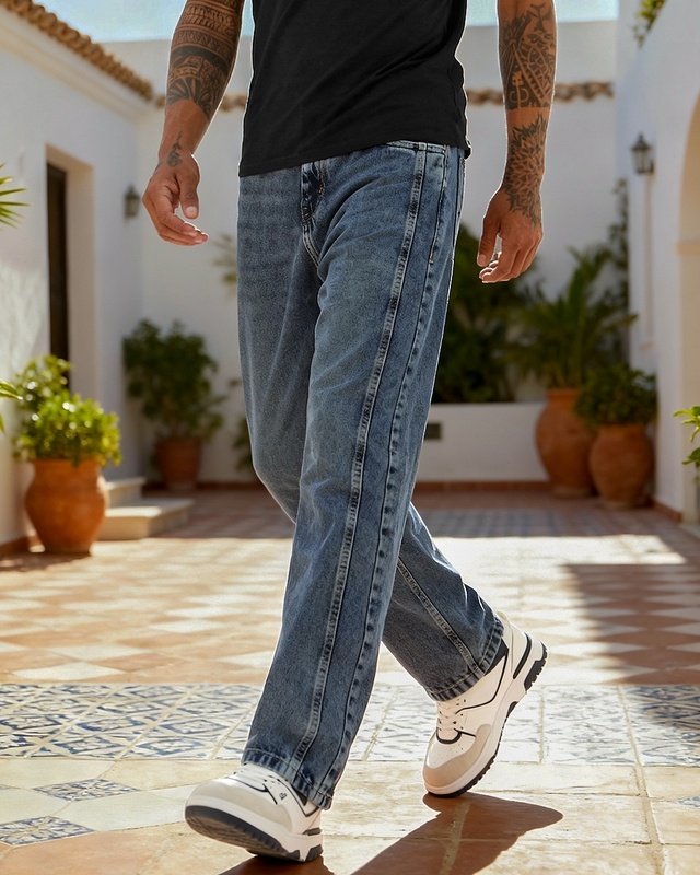 Men's Blue Washed Straight Fit Jeans-Front Bewakoof Shop Men's Blue Washed Straight Fit Jeans-Front