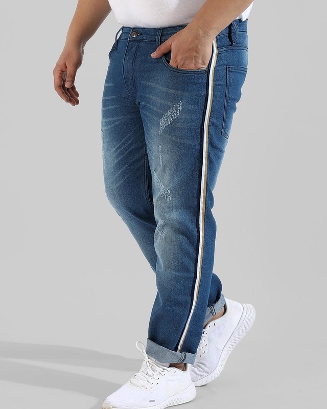 Shop Men's Blue Striped Distressed Jeans-Front