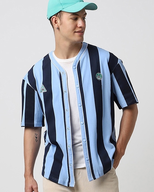 Shop Men's Blue Striped Oversized Shirt-Front
