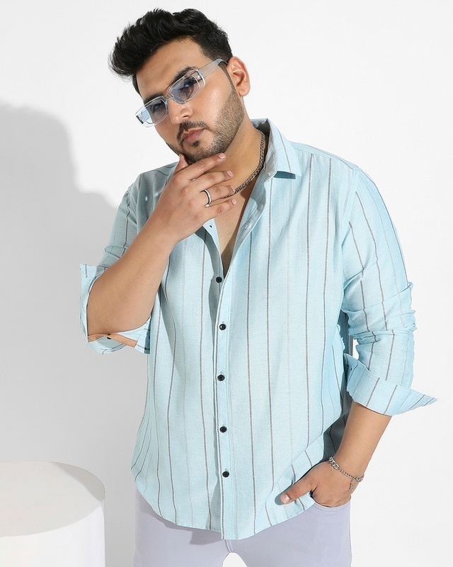 Shop Men's Blue Striped Plus Size Shirt-Front