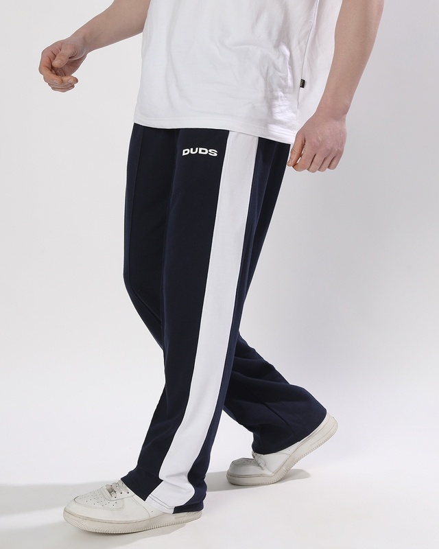 Shop Men's Navy Blue Striped Relaxed Fit Track Pants-Front