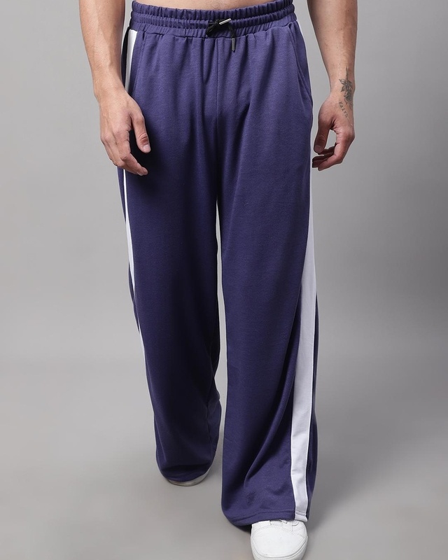 Shop Men's Blue Striped Relaxed Fit Trackpants-Front