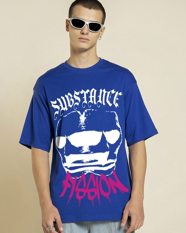 Shop Men's Blue Substance Graphic Printed Oversized T-shirt-Front