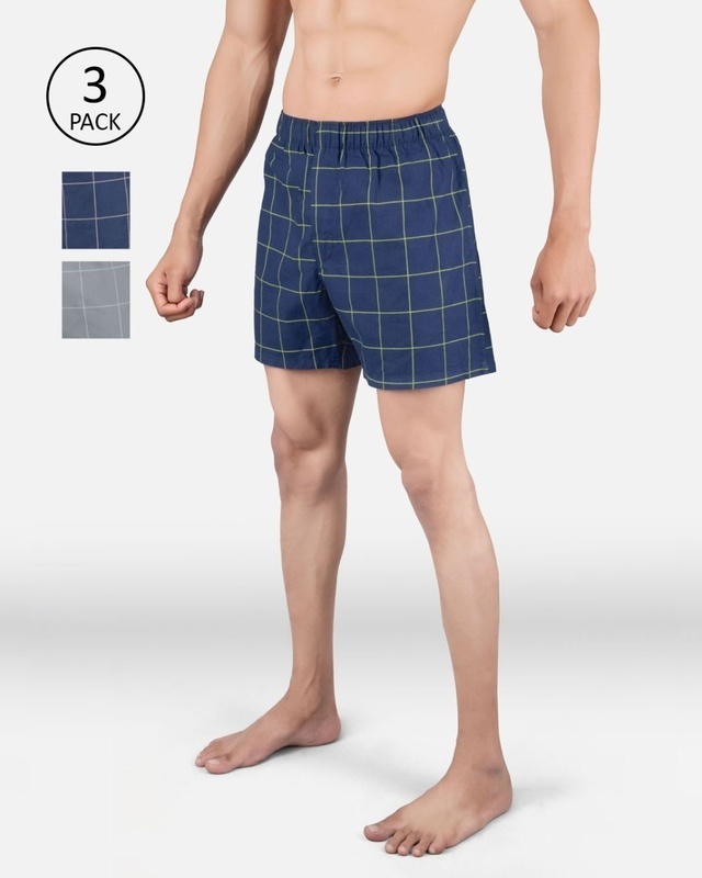 Shop Men's Blue Super Combed Cotton Checkered Boxer (Pack of 3)-Front