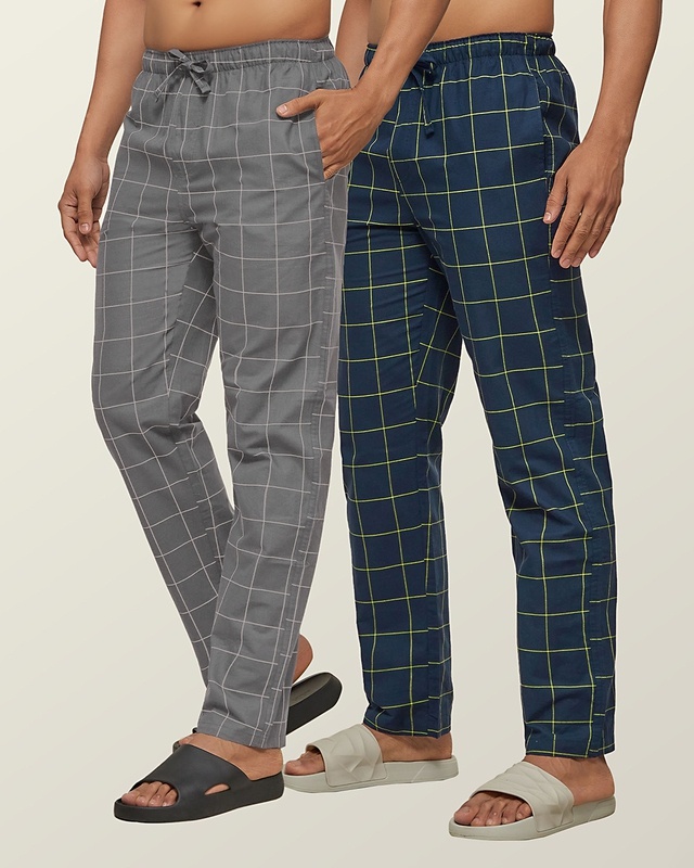 Shop Pack of 2 Men's Blue & Grey Super Combed Checkered Pyjamas-Front
