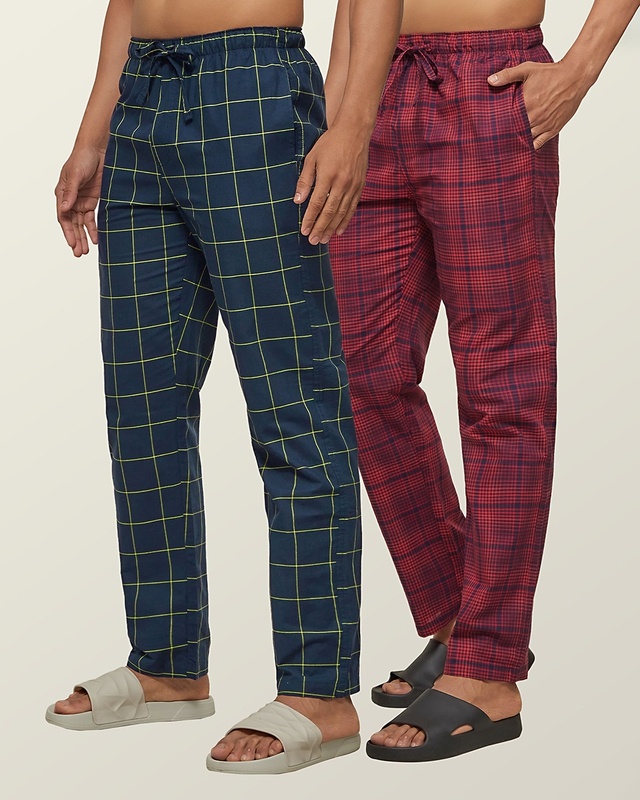 Shop Pack of 2 Men's Blue & Maroon Super Combed Checkered Pyjamas-Front
