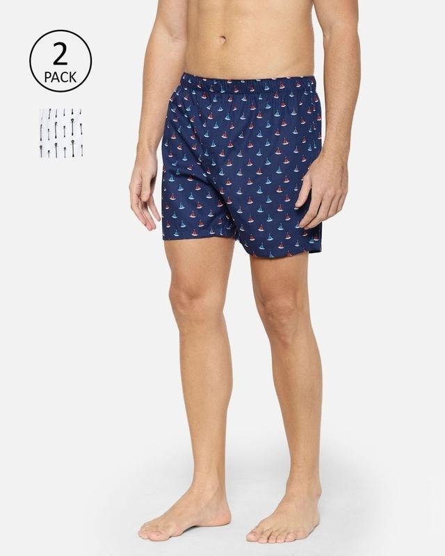 Shop Pack of 2 Men's Blue Cotton Printed Boxers-Front